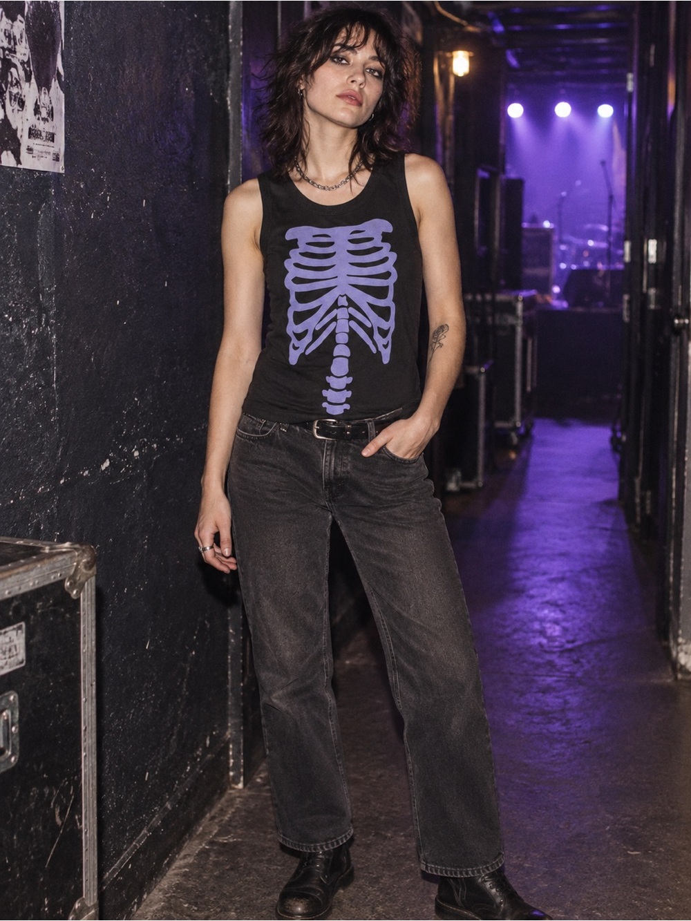 Official Phoebe Bridgers Purple Skeleton Rib Cage Black Fitted Tank Top Large